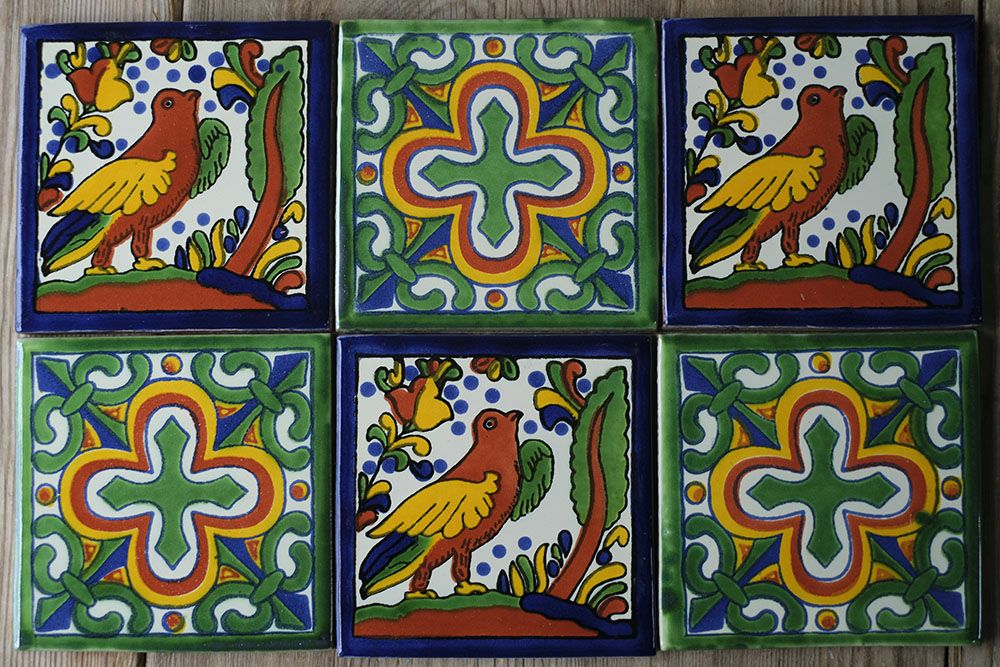 u)メキシコ・テラコッタタイル/10cm×10cm カラフルな手作り陶器製