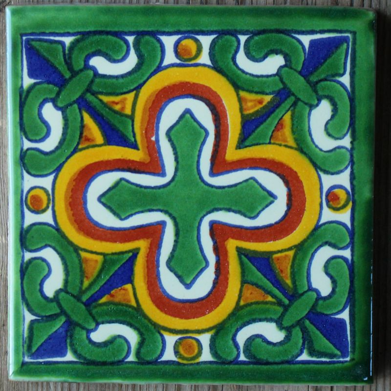 メキシコ・テラコッタタイル/10cm×10cm カラフルな手作り陶器製タイル14