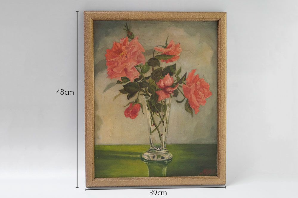 ヴィンテージオイルピクチャー ガラス花瓶と薔薇 イギリス 古い油絵の