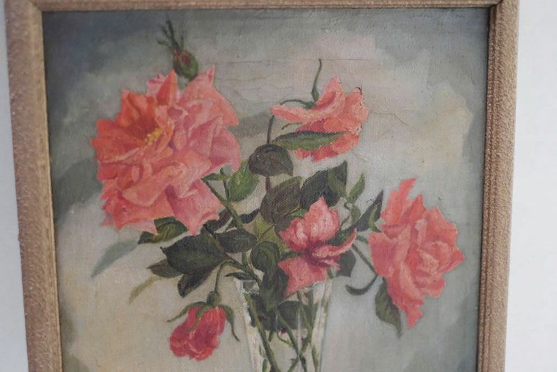 ヴィンテージオイルピクチャー ガラス花瓶と薔薇 イギリス 古い油絵の 