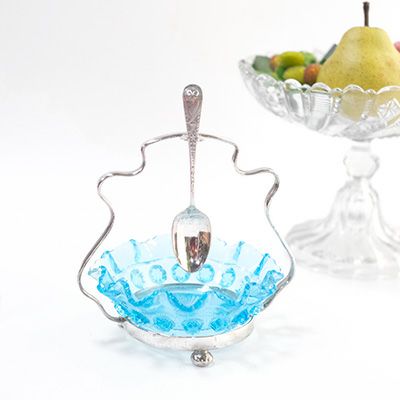 アンティーク ガラスジャムディッシュ ブルー フリルガラスの通販