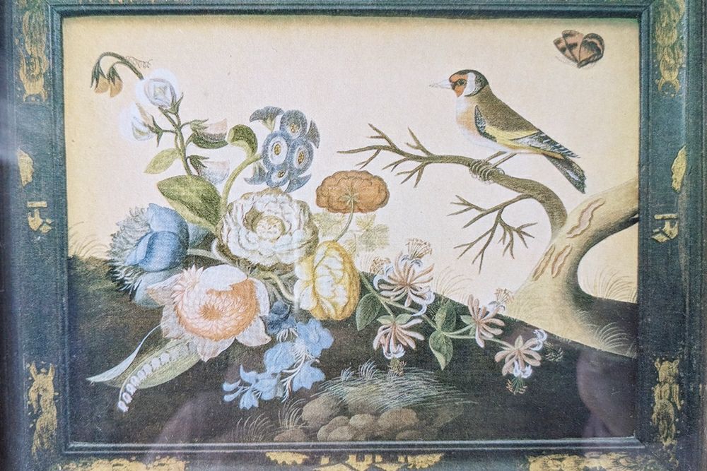 アンティークプリントピクチャー 鳥と花の絵