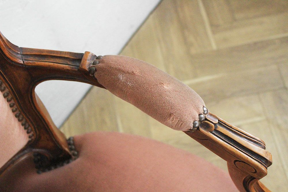 アンティークサロンチェア ルイ15世様式 ピンク 肘掛け椅子 アームチェア06