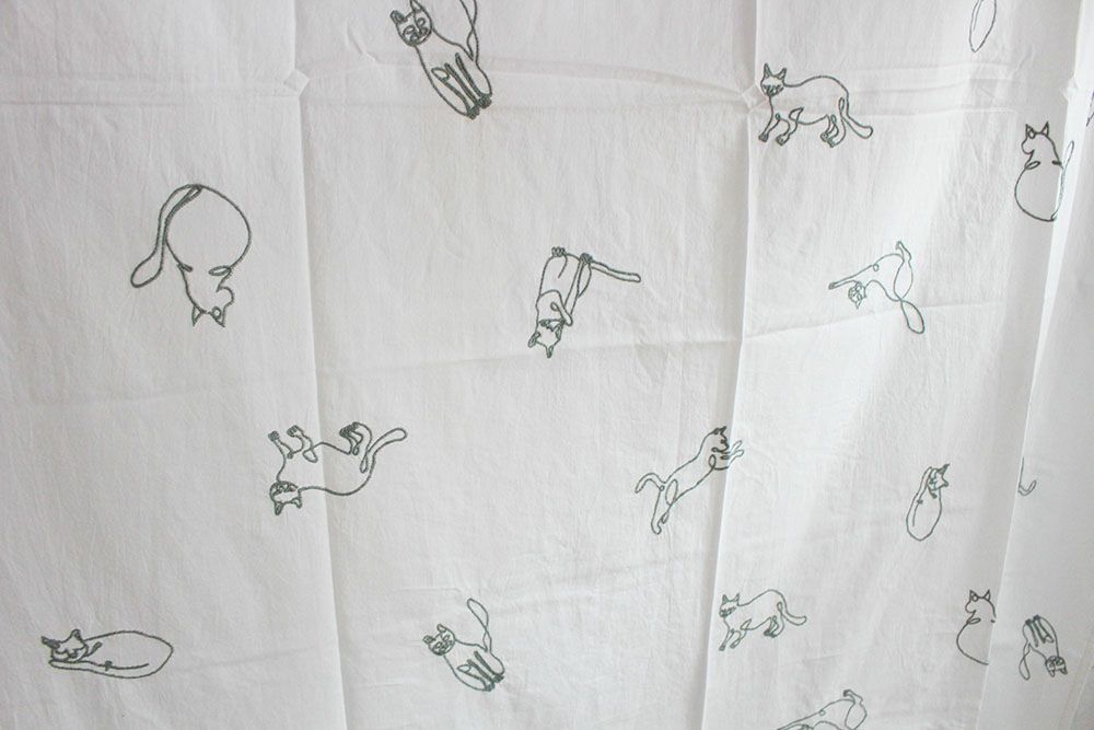 猫の刺繍カーテン/グリーン03