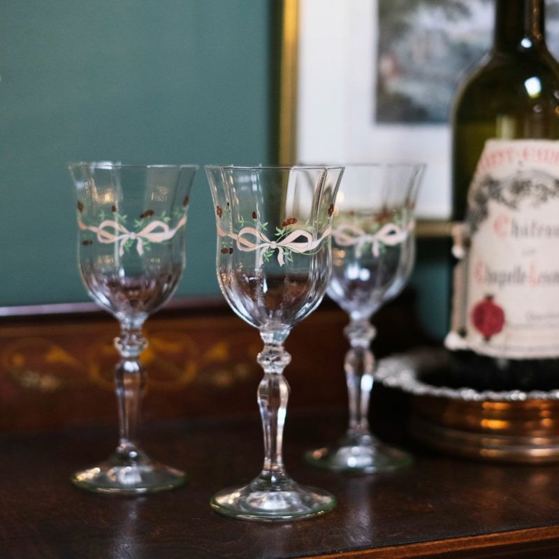 ヴィンテージ ワイングラス 花とリボン イギリス クリスタルガラスの 