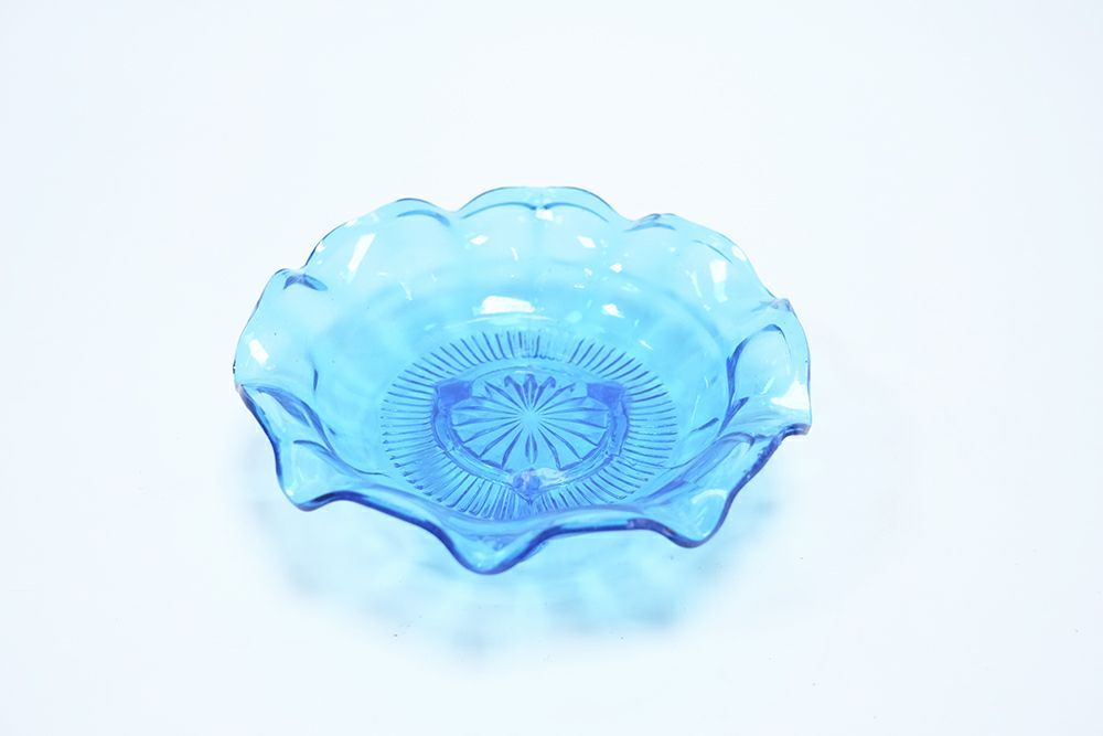 アンティーク ガラスコンポティエ フリル ブルー フランス 青いガラス 