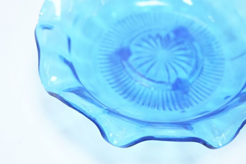 アンティーク ガラスコンポティエ フリル ブルー フランス 青いガラス