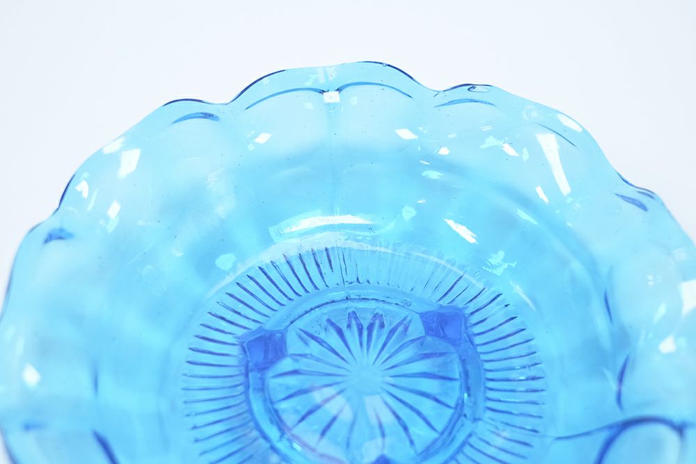 アンティーク ガラスコンポティエB ブルー色鮮やかなフランスのガラストレイ6