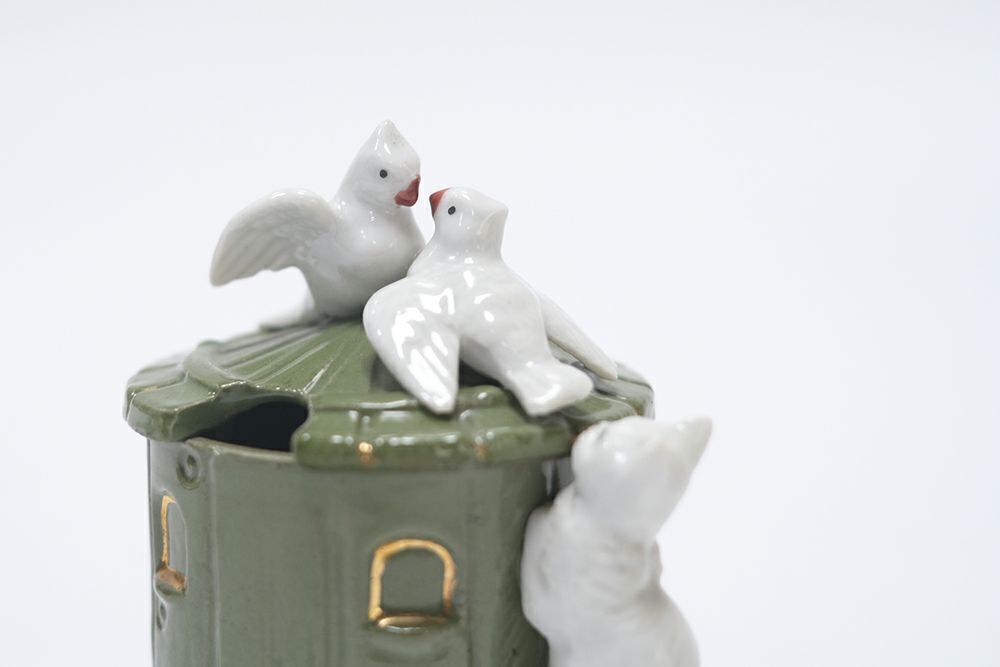 ヴィンテージ シュガーポット イギリス 猫と鳥の可愛い装飾4
