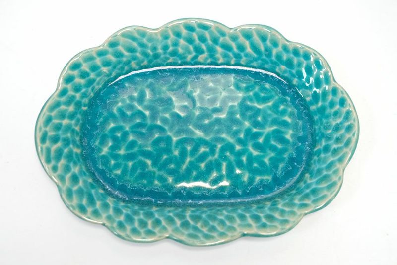 沖縄やちむん　新品未使用　大皿 やちむん 勝窯 皿7寸（三彩緑呉須） - やちむん・琉球ガラスなど