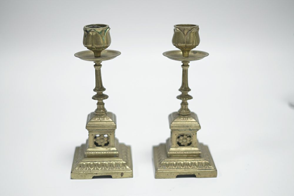 アンティーク 燭台ペア フランス 真鍮製 細い支柱 2本セット 
