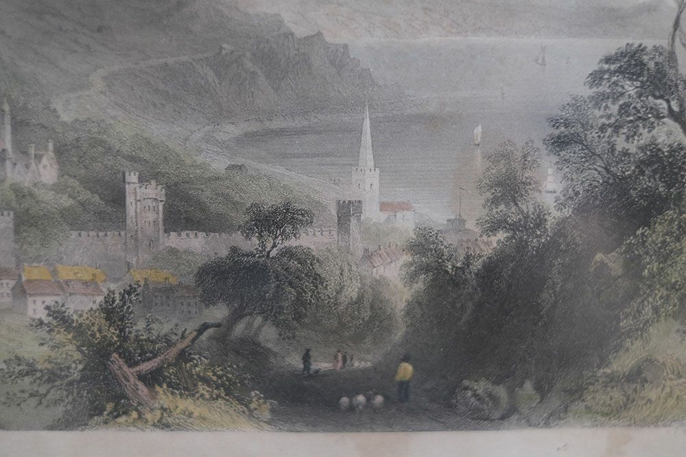 アンティークリトグラフ 城壁のある風景 イギリス 石版画5