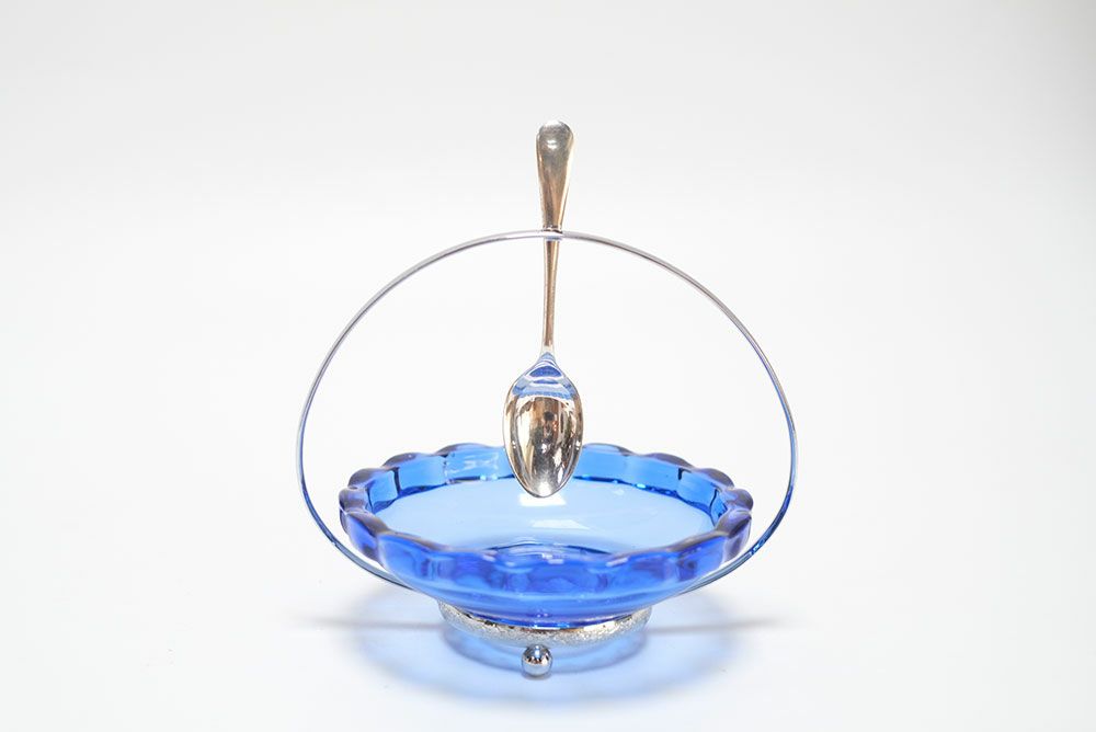 アンティーク ジャムディッシュ イギリス 綺麗な青いガラス器1
