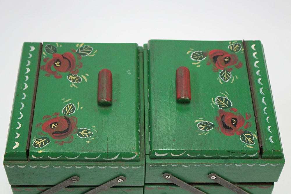 ヴィンテージ ソーイングボックス ドイツ 薔薇が描かれた手作りの裁縫箱