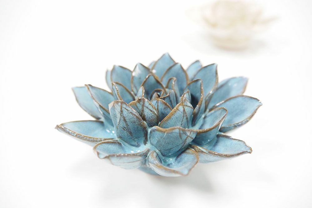 かわいい陶器のフラワーオブジェ ウォールデコ/ブルー おしゃれな