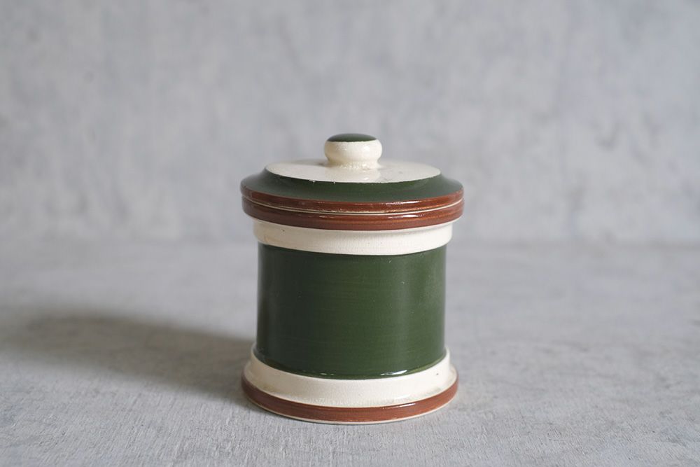 アンティークキャニスター イギリス 深緑の陶器の保存容器1