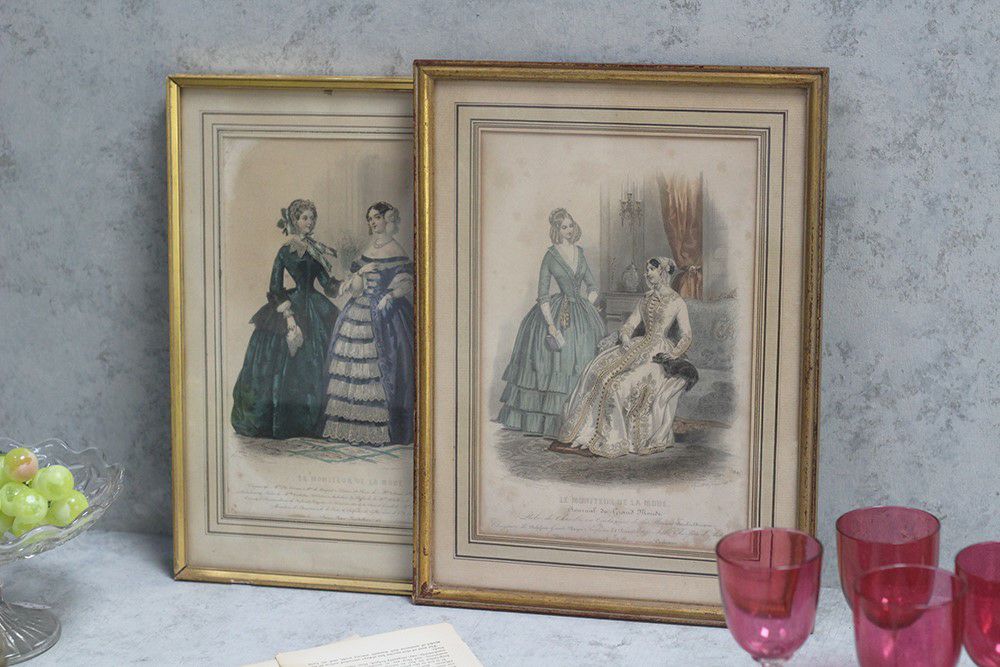 アンティークリトグラフ ドレスを着た婦人 フランスのファッション画 石版画