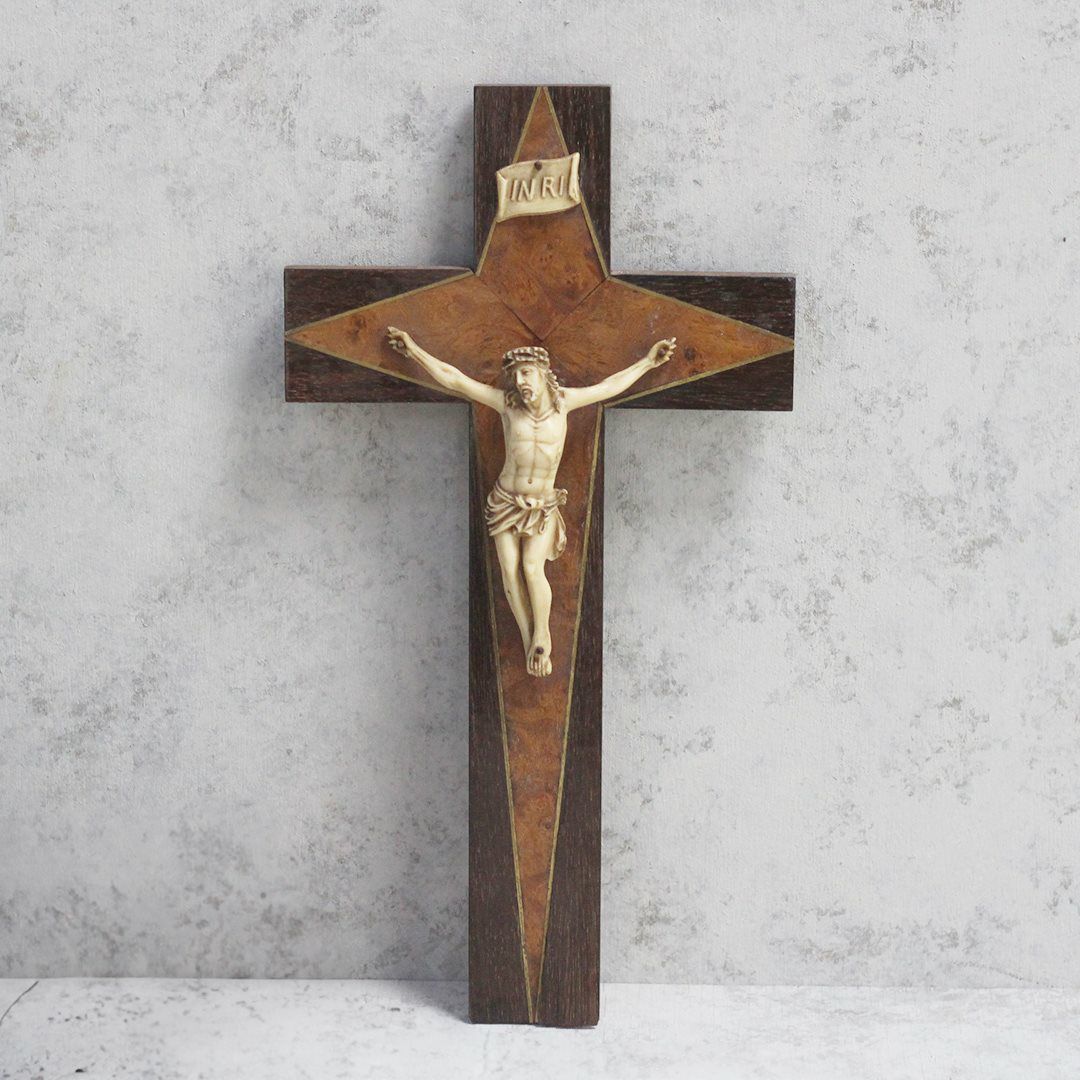 アンティーク十字架 キリスト 木製ベース アイボリー製 フランス