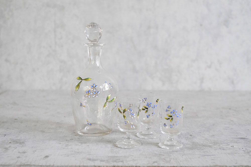 アンティークデキャンタ グラスセット フランス 花模様エナメルガラス