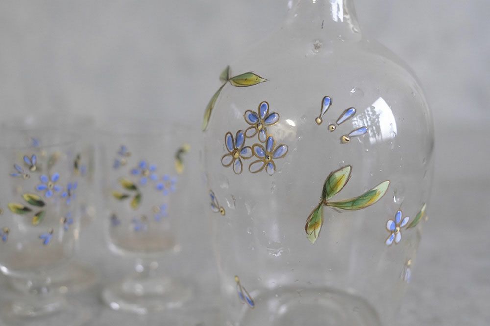 アンティークデキャンタ グラスセット フランス 花模様エナメルガラス2