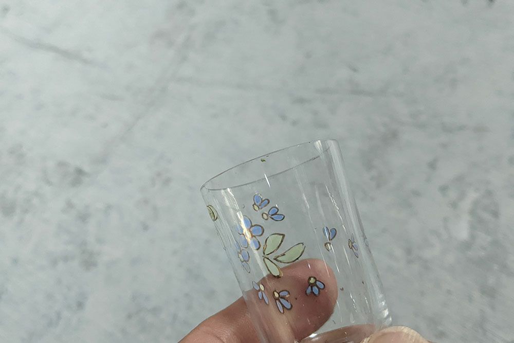アンティークデキャンタ グラスセット フランス 花模様エナメルガラス