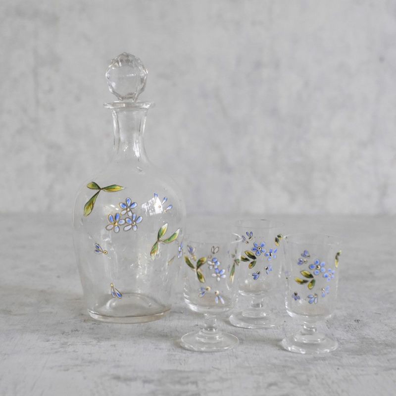 アンティークデキャンタ グラスセット フランス 花模様エナメルガラスの通販 アンティークショップMALTOオンライン
