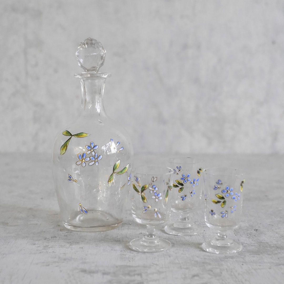 アンティークデキャンタ グラスセット フランス 花模様エナメルガラス 