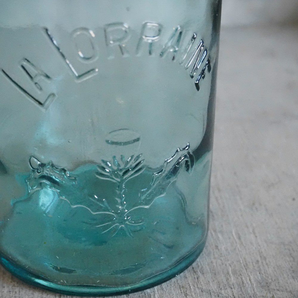 アンティーク La Lorraine(ラ・ロレーヌ)保存ビン フランス 淡い緑色の蓋付きジャー 瓶4