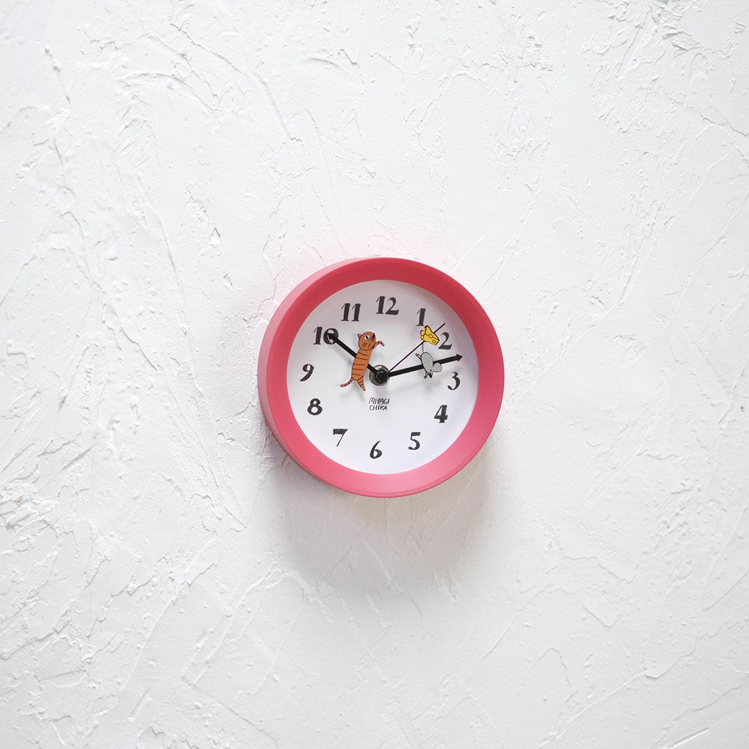 かわいい山鳩舎 アニマル2wayクロック/レッド(ネコとネズミ) 壁掛け