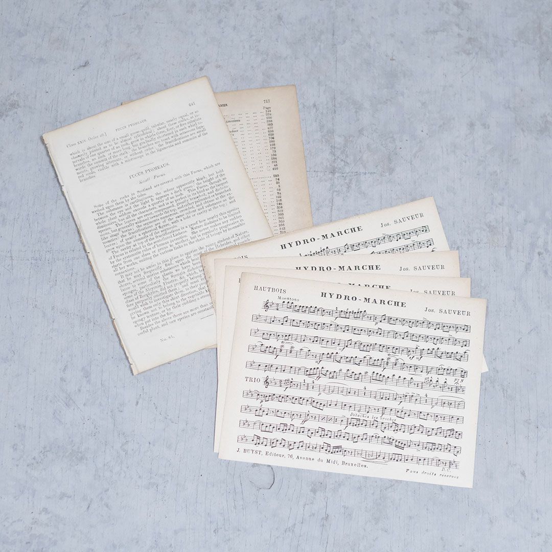 ヨーロッパアンティーク楽譜と洋書の１ページの６枚セット