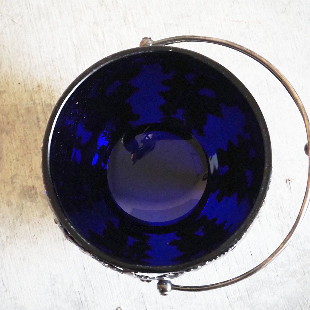 アンティークキャンディボウル イギリス シルバープレート 青いガラス器6