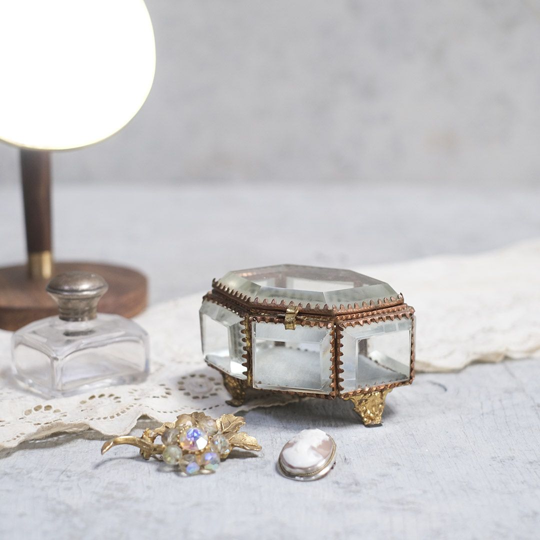アンティークガラスと真鍮のジュエリーケース フランス クラシカルなべべリングジュエリーボックス19世紀 宝石箱