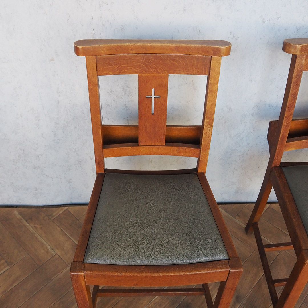 ヴィンテージ チャーチチェア/クロスバックレザーシート イギリス 教会椅子