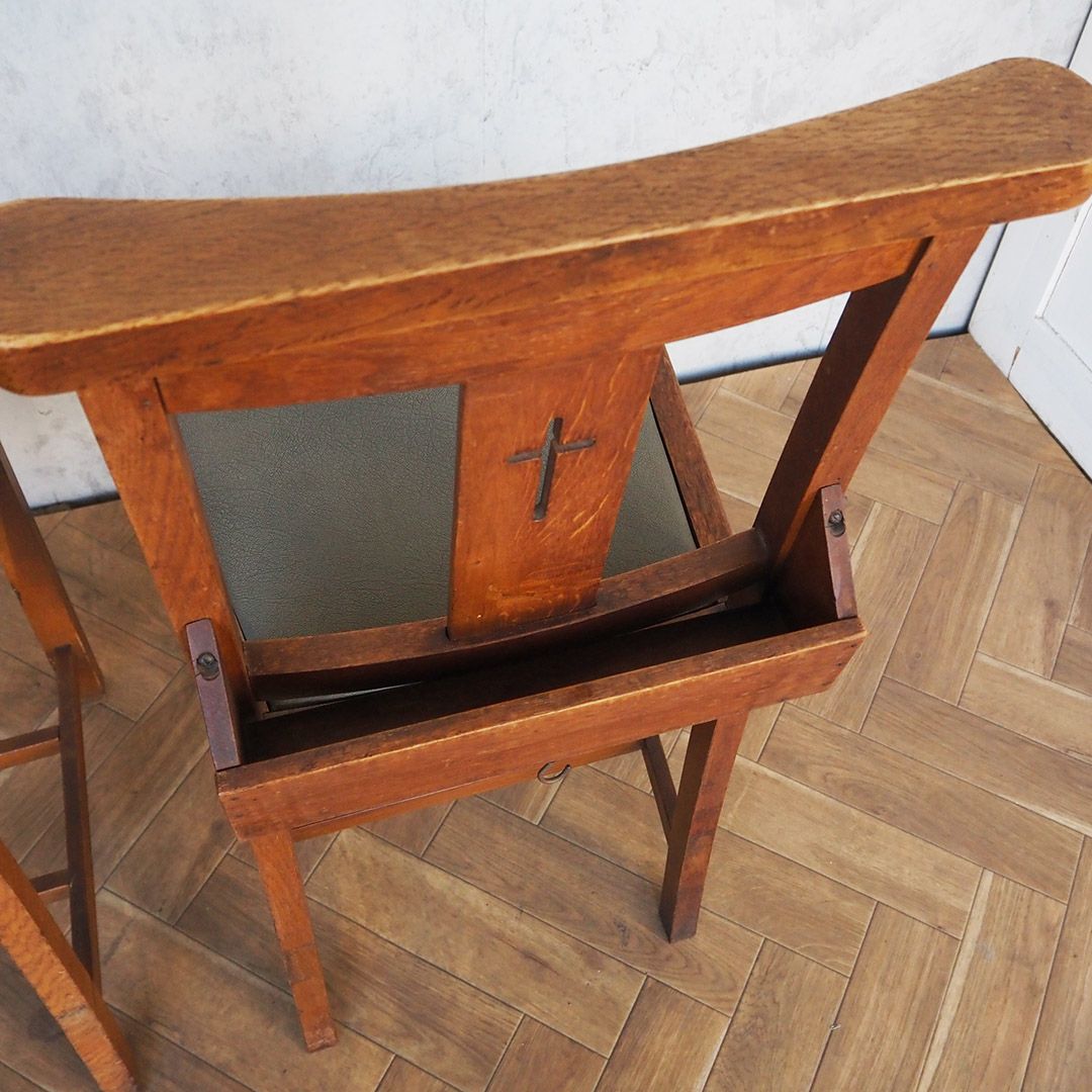 ヴィンテージ チャーチチェア/クロスバックレザーシート イギリス 教会椅子