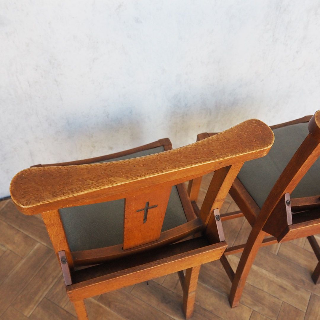 ヴィンテージ チャーチチェア/クロスバックレザーシート イギリス 教会椅子11