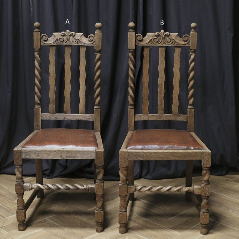 産直商品アンティーク ダイニングチェア 木彫刻 バーリーシュガーツイスト ハイバック 木製 椅子 イギリス 布張り B 西洋
