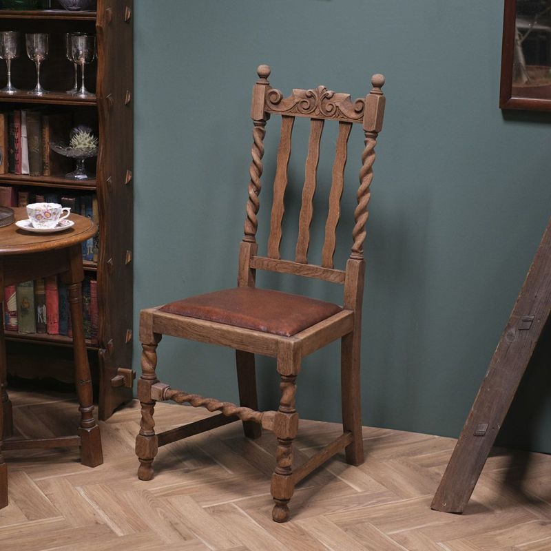 産直商品アンティーク ダイニングチェア 木彫刻 バーリーシュガーツイスト ハイバック 木製 椅子 イギリス 布張り B 西洋