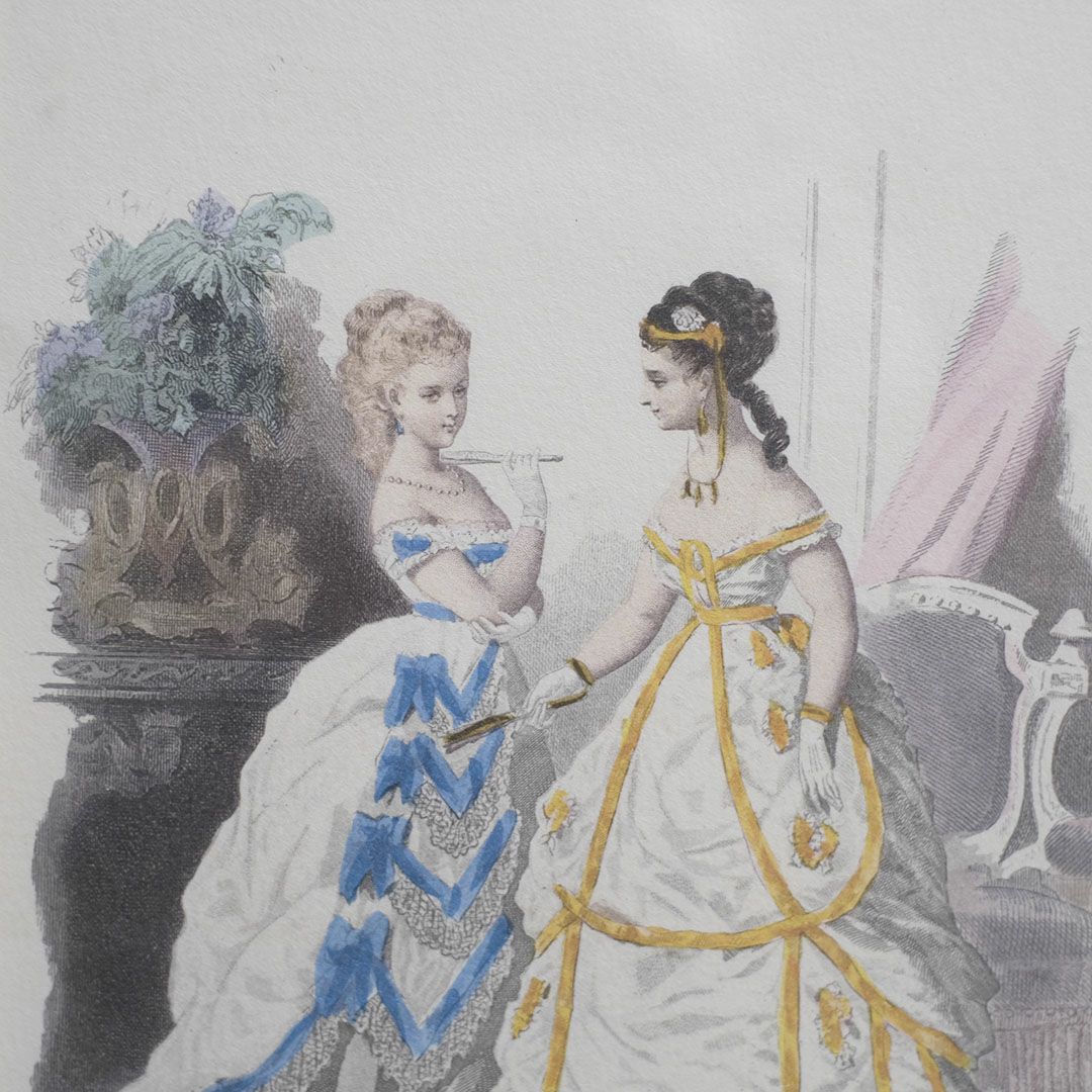 アンティークリトグラフ ドレスを着た婦人 フランスのファッション画 石版画4