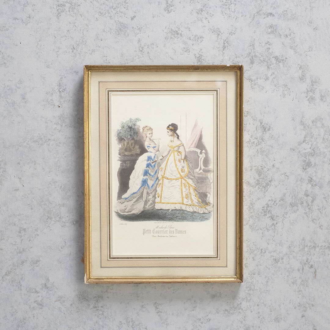 アンティークリトグラフ ドレスを着た婦人 フランスのファッション画 石版画　絵