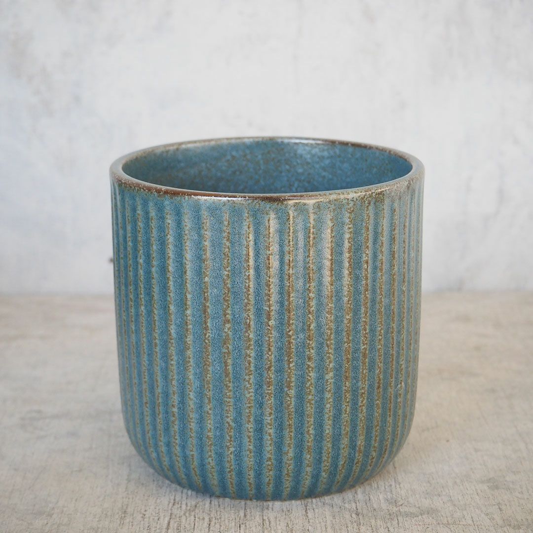 陶器のプランター シンプルなラインデザイン 鉢植え 青2