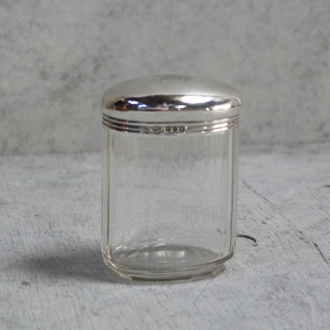 アンティーク スターリングシルバー ドレッシングテーブルジャー イギリス バーミンガム ガラスケース