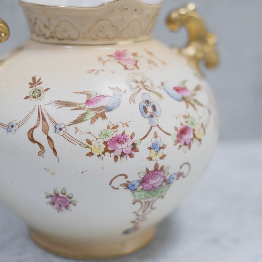 アンティークフラワーベース イギリス CROWN DEVON 陶器の花瓶 鳥と花2