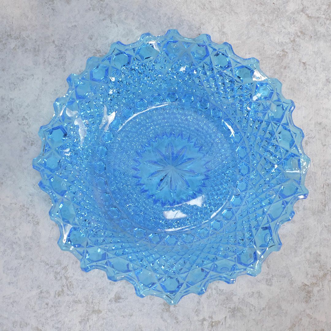 アンティーク ガラス皿 フリル ブルー イギリス 青いガラストレイ/アンティーク食器