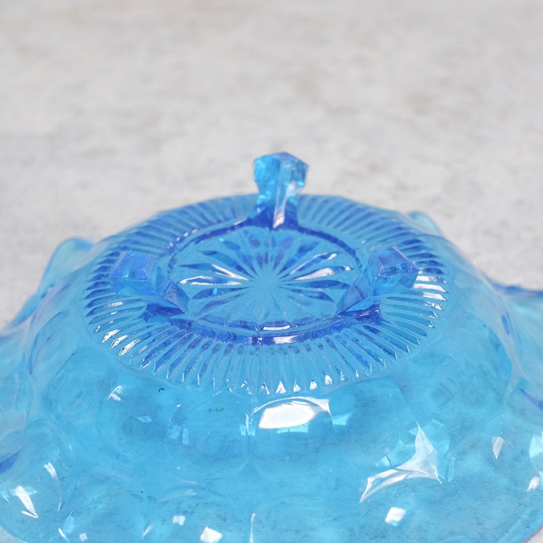 アンティークガラスコンポート ブルー色鮮やかなイギリスのガラストレイ 6