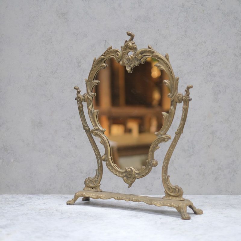西洋アンティーク◆フランス　19世紀◆　天使レリーフ真鍮ブロンズ卓上ミラー額入り スタンドミラーフランスアンティーク19世紀ロココフレーム卓上鏡