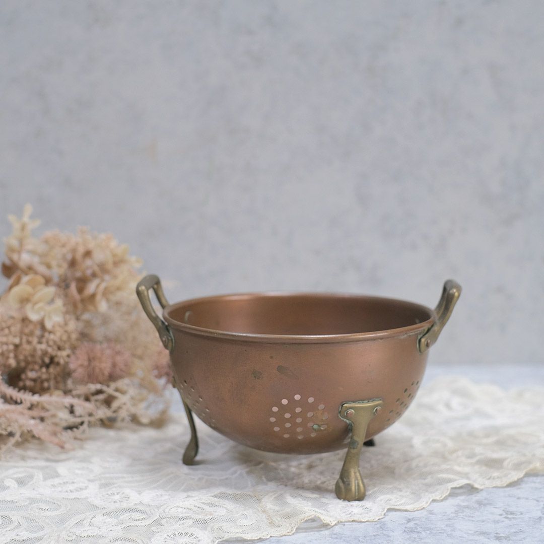 アンティーク コッパーコランダー 珍しい銅製 フランス 水切りざる 猫足