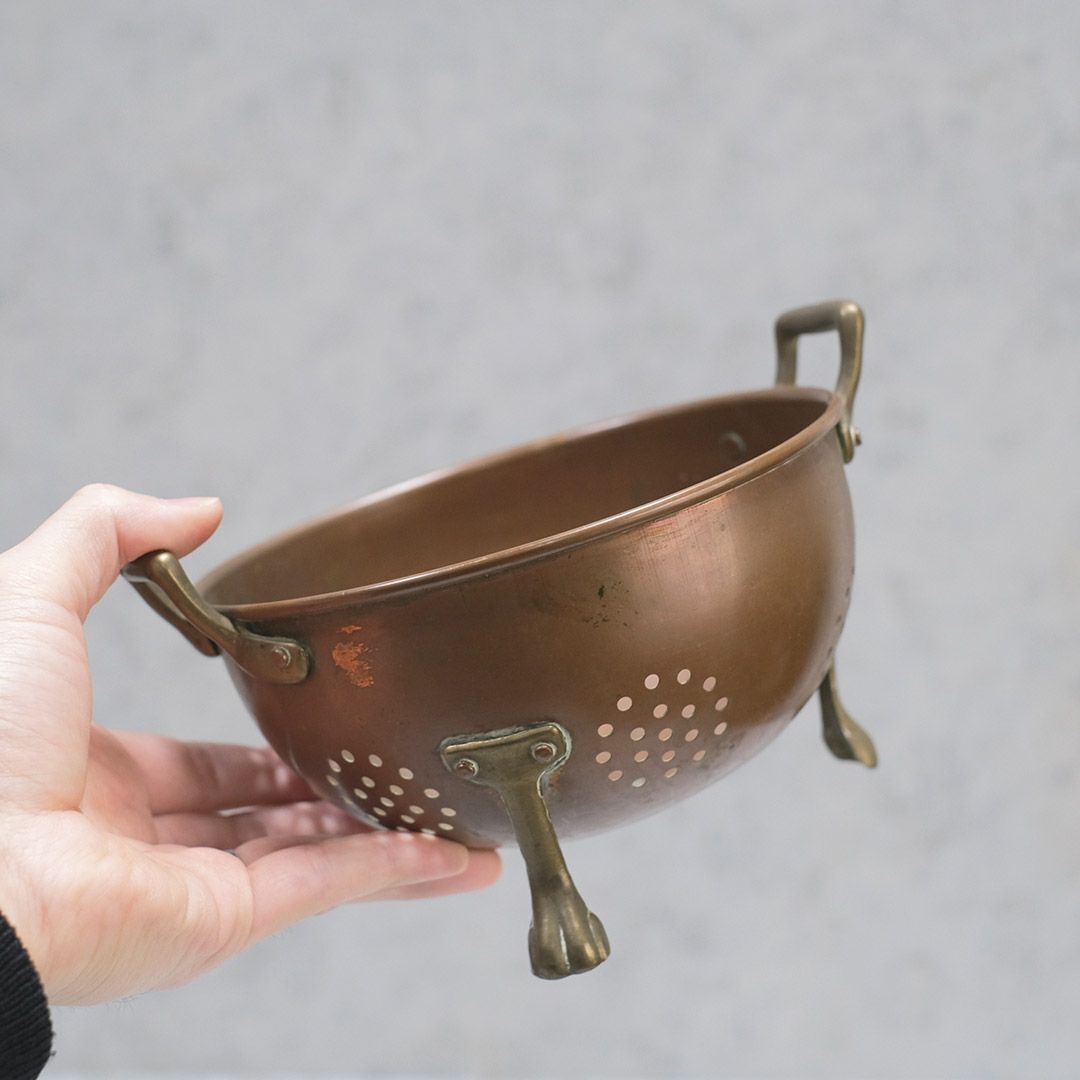 アンティーク コッパーコランダー 珍しい銅製 フランス 水切りざる 猫足
