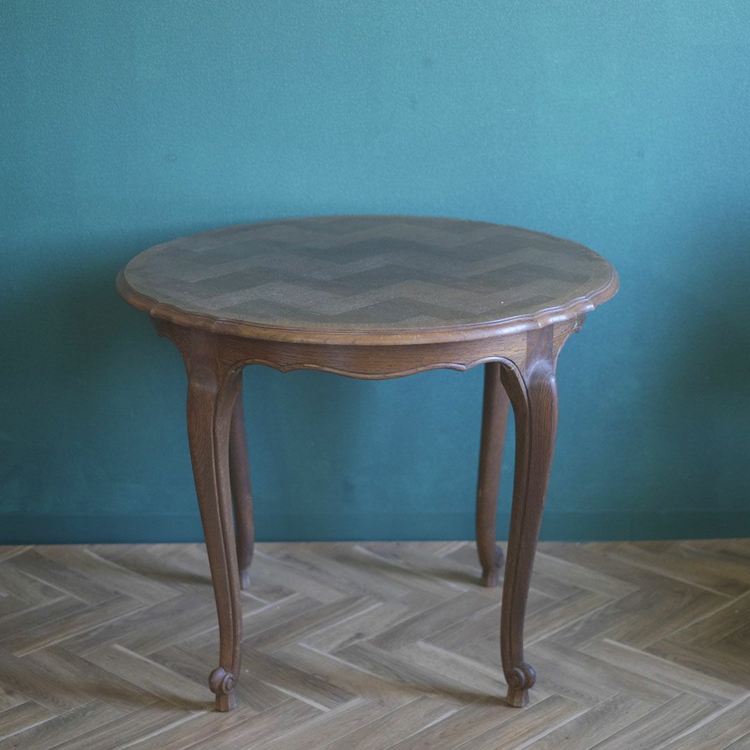 ヴィンテージ テーブル カフェテーブル 円卓 フランス 寄木細工天板