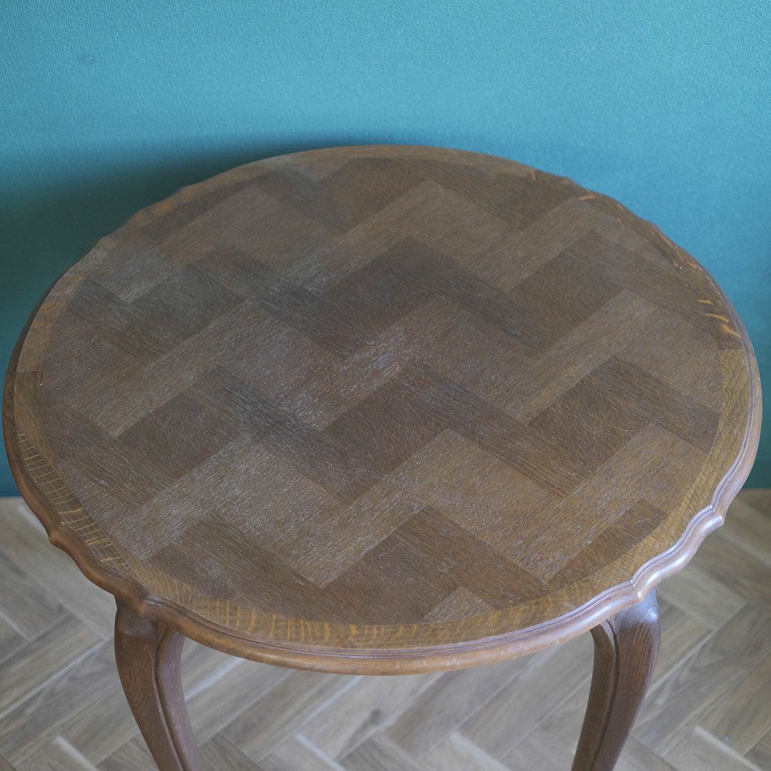 ヴィンテージ テーブル カフェテーブル 円卓 フランス 寄木細工天板