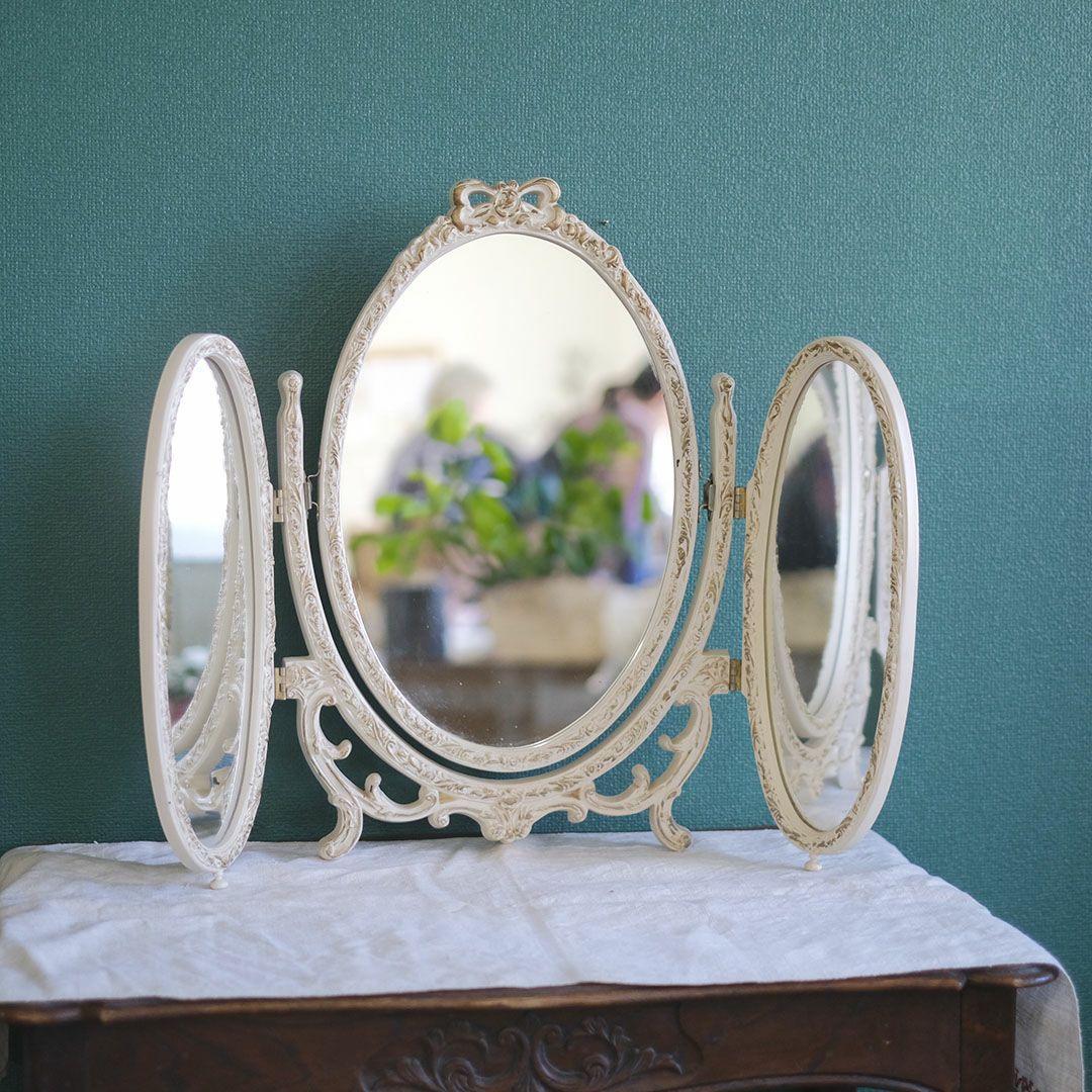 ヴィンテージ トリフォールドミラー ローズ イギリス ロココ様式リバイバルの鏡 三面鏡1